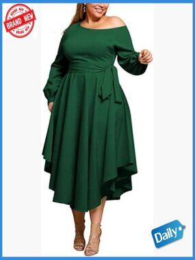Plus Size Off Shoulder Long Sleeve Midi Formal Dress with Belt